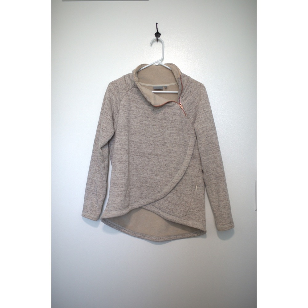 Athleta Stronger Asymmetrical Zip Fleece Pullover Oatmeal Heather Rose Gold S